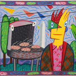 "Barbeque With Monument" 1980 Acrylic on Masonite with wood frame, 20 x 18.5