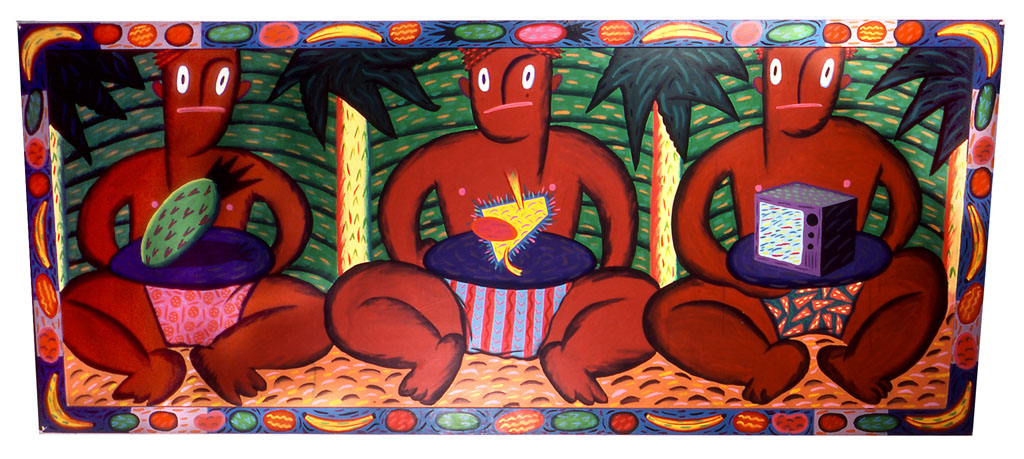 "Three Natives" 1981, Acrylic on wood panel with attached painted frame. 30 x 78.