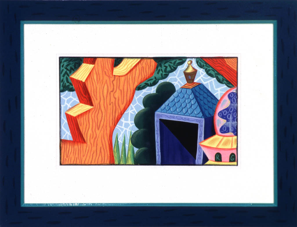 "This Garden Shed" 1989 Gouache and colored pencil on paper with a painted frame. 20 x 27.