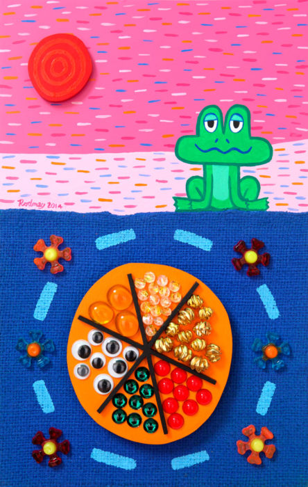 Frog's Valuables - Acrylic on wood panel with mixed materials - 15 x